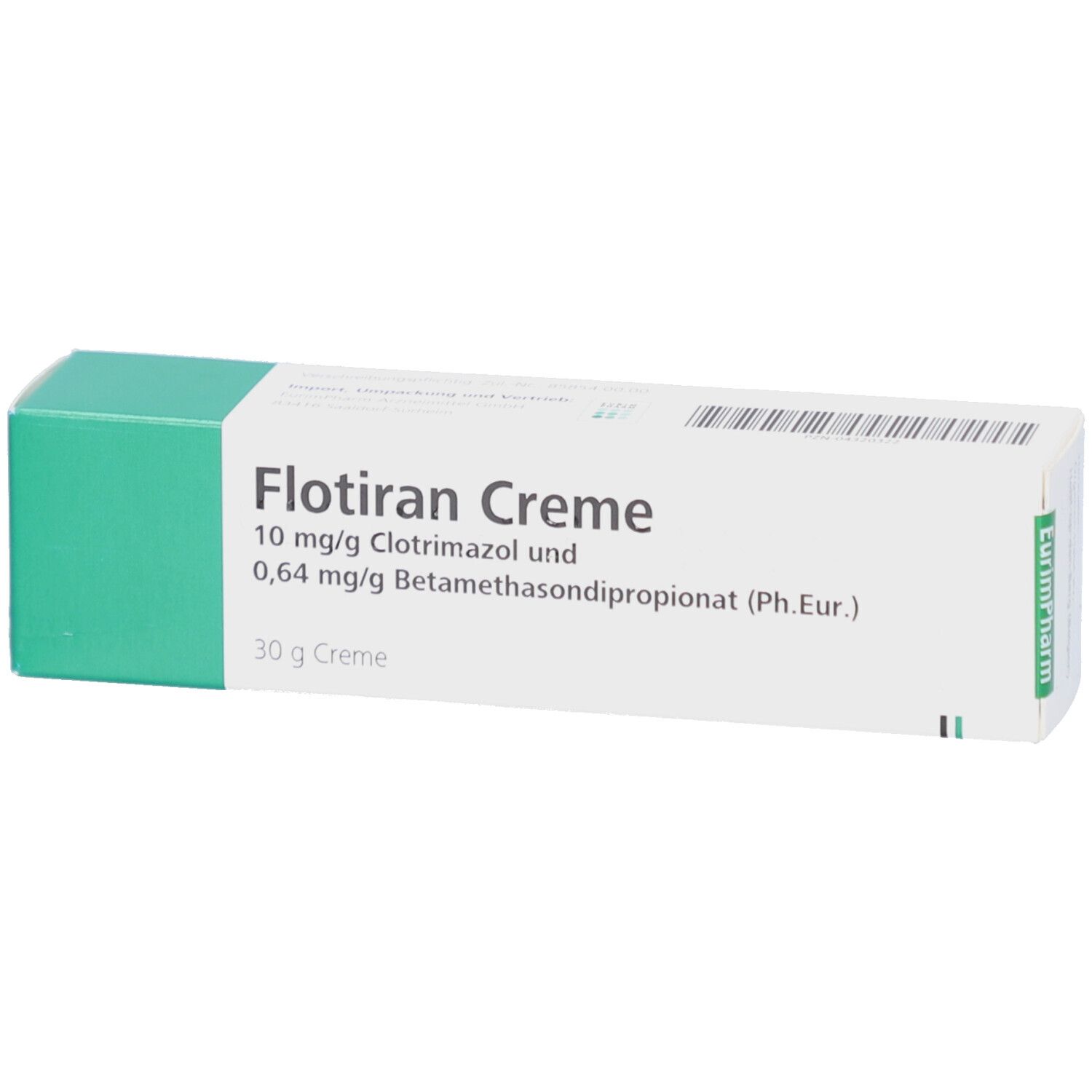 Weiße Faltschachtel mit grünen Akzenten. Aufschrift: Flotiran Creme, 10 mg/g Clotrimazol und 0,64 mg/g Betamethasondipropionat.
