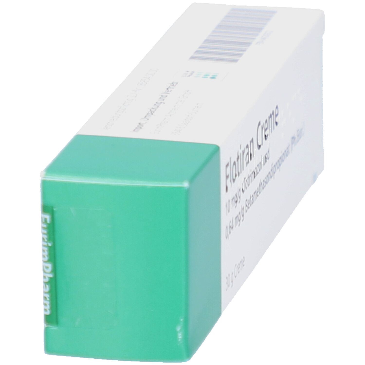 Schachtel, weiß mit grünem Deckel. Aufschrift: Flotiran Creme. Herstellerlogo EurimPharm auf der Seite.