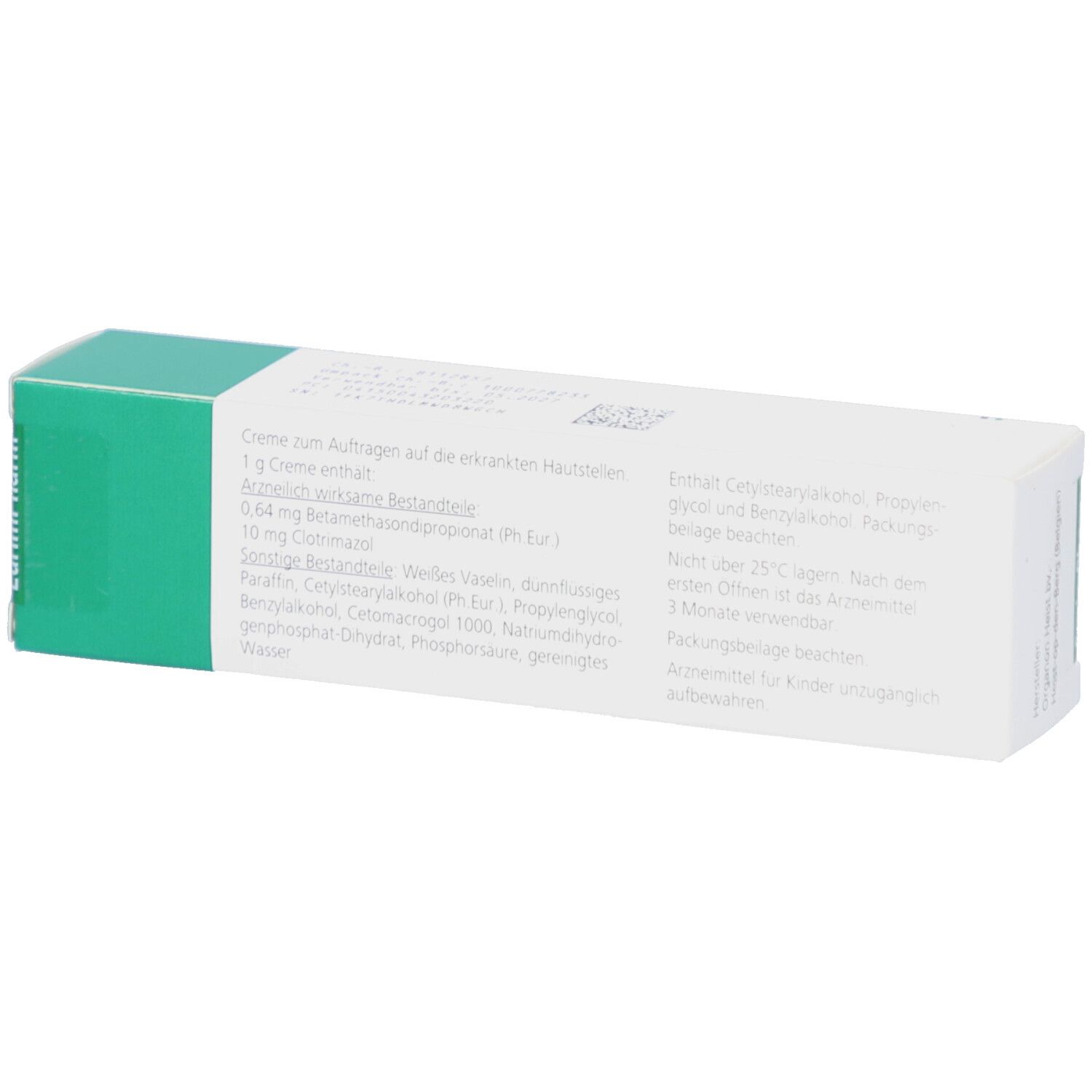 Rückseite der weißen Faltschachtel mit grünen Akzenten. Text über Inhaltsstoffe und Anwendungshinweise.