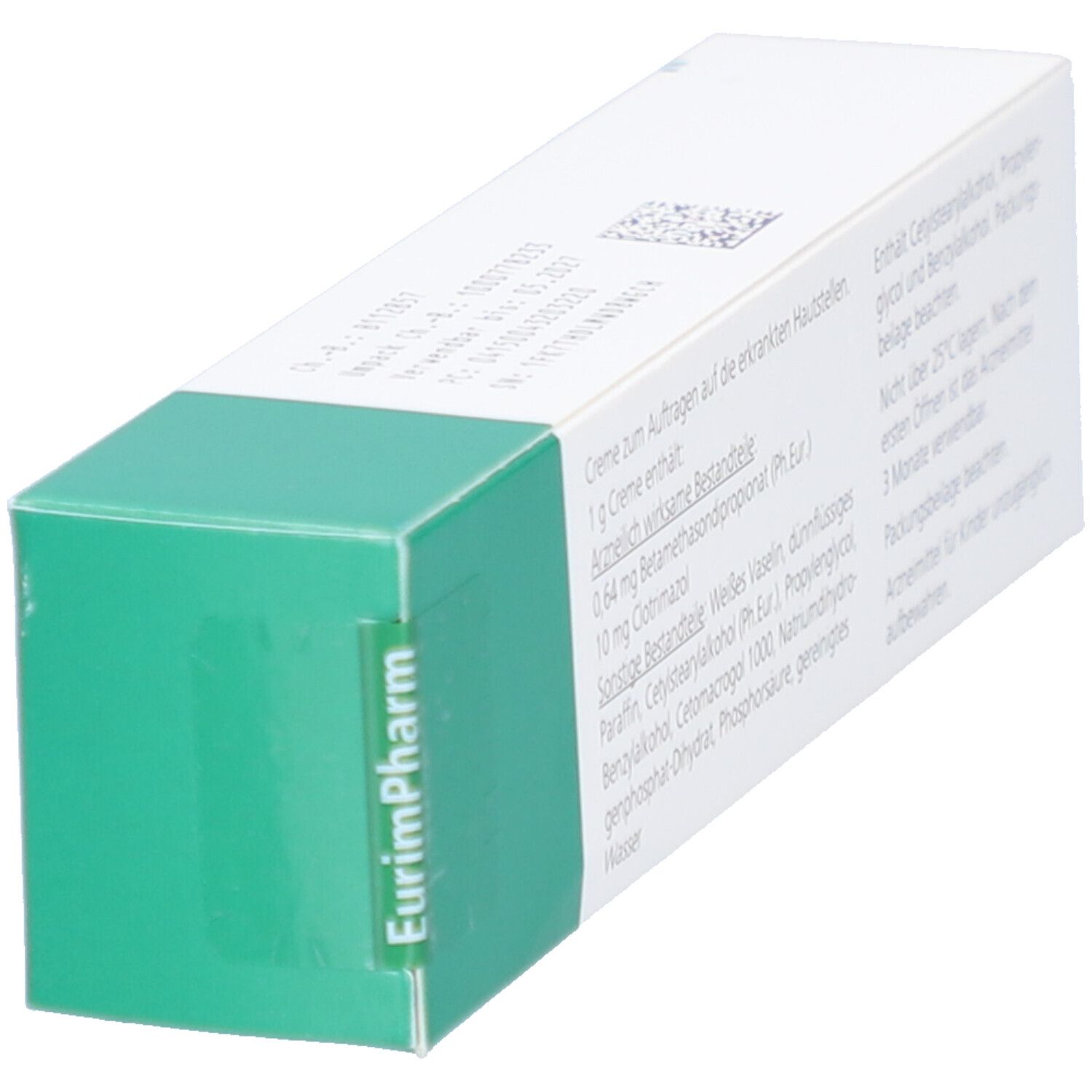 Schachtel, weiß mit grünem Deckel. Aufschrift: Flotiran Creme. Herstellerlogo EurimPharm auf der Seite. Text.