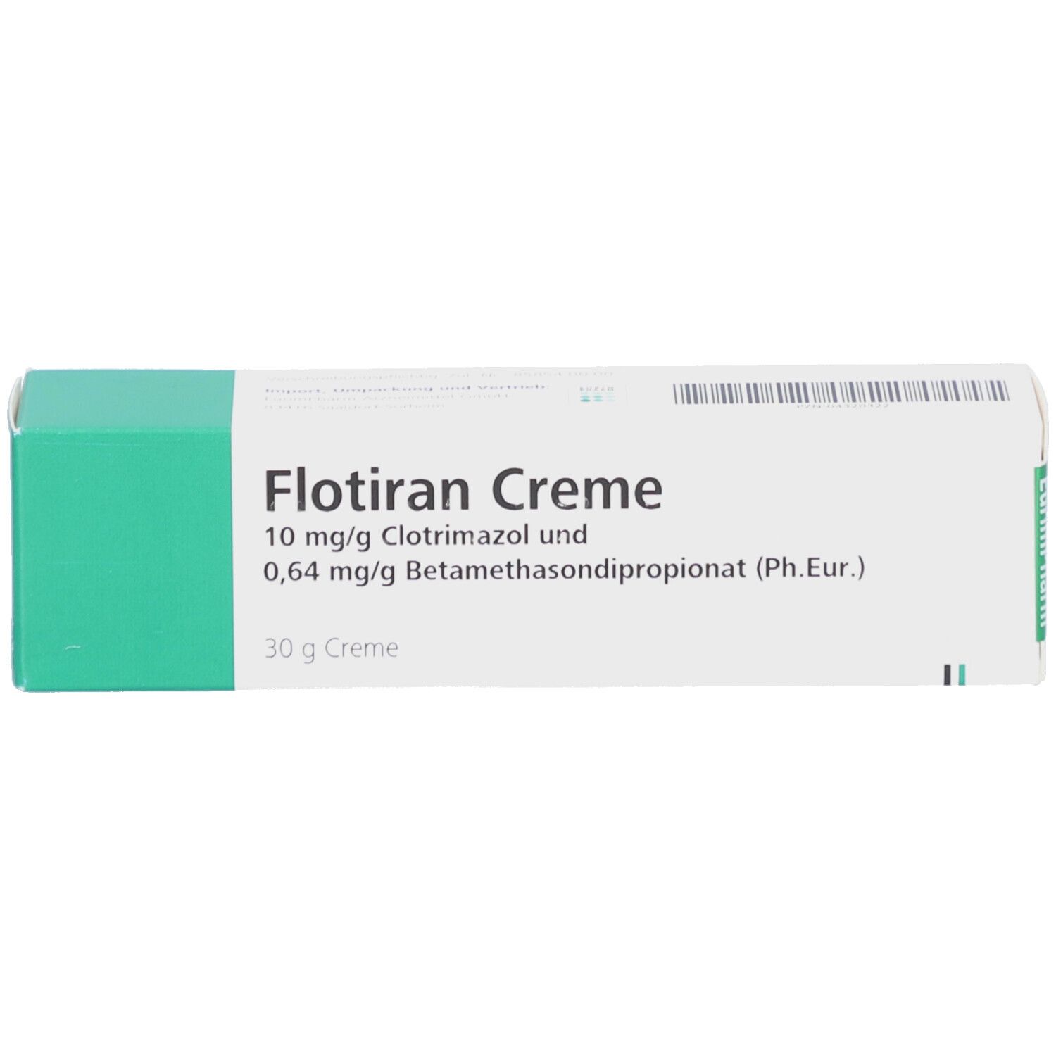 Weiße Faltschachtel mit grünen Akzenten. Aufschrift: Flotiran Creme, 10 mg/g Clotrimazol und 0,64 mg/g Betamethasondipropionat.