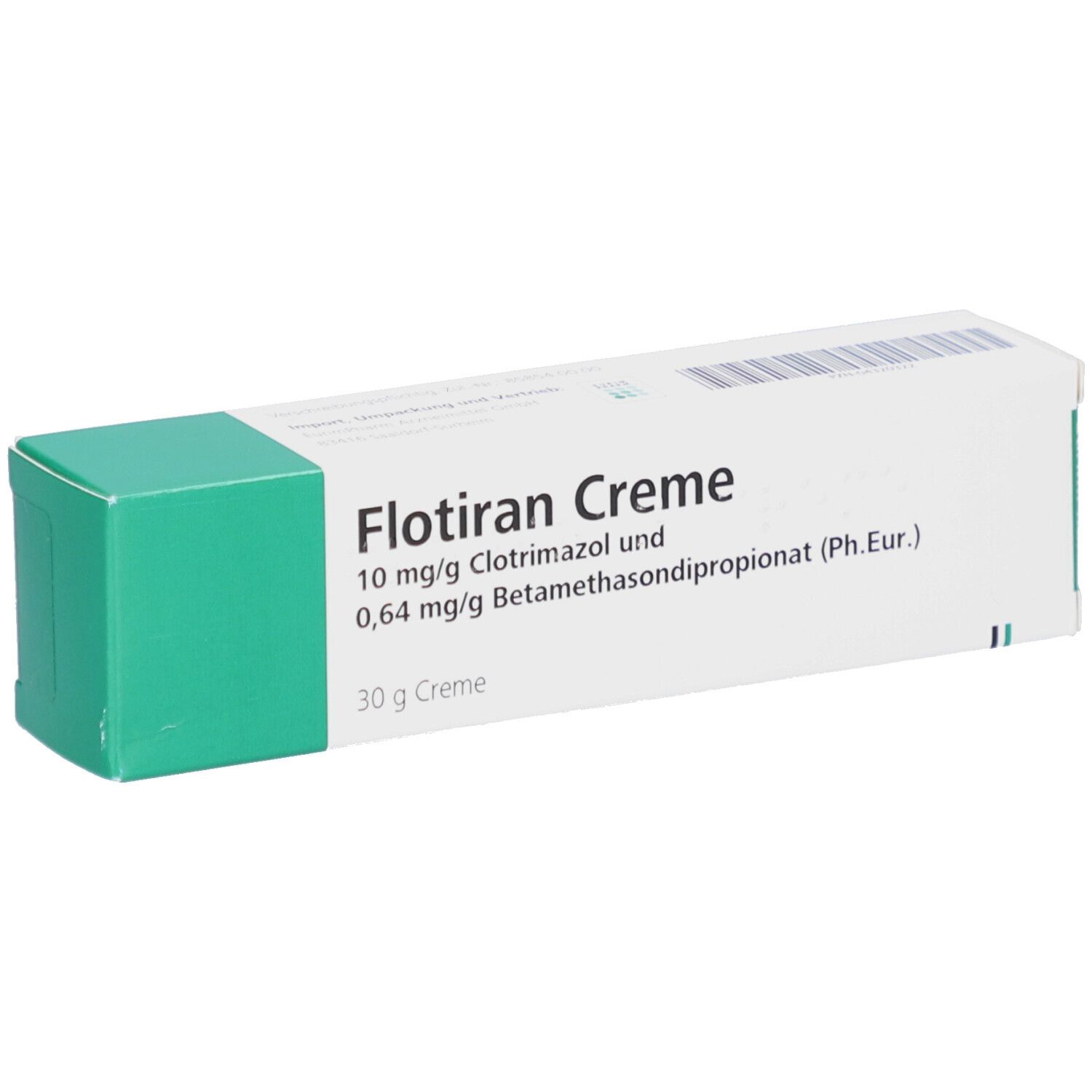 Weiße Faltschachtel mit grünen Akzenten. Aufschrift: Flotiran Creme, 10 mg/g Clotrimazol und 0,64 mg/g Betamethasondipropionat.