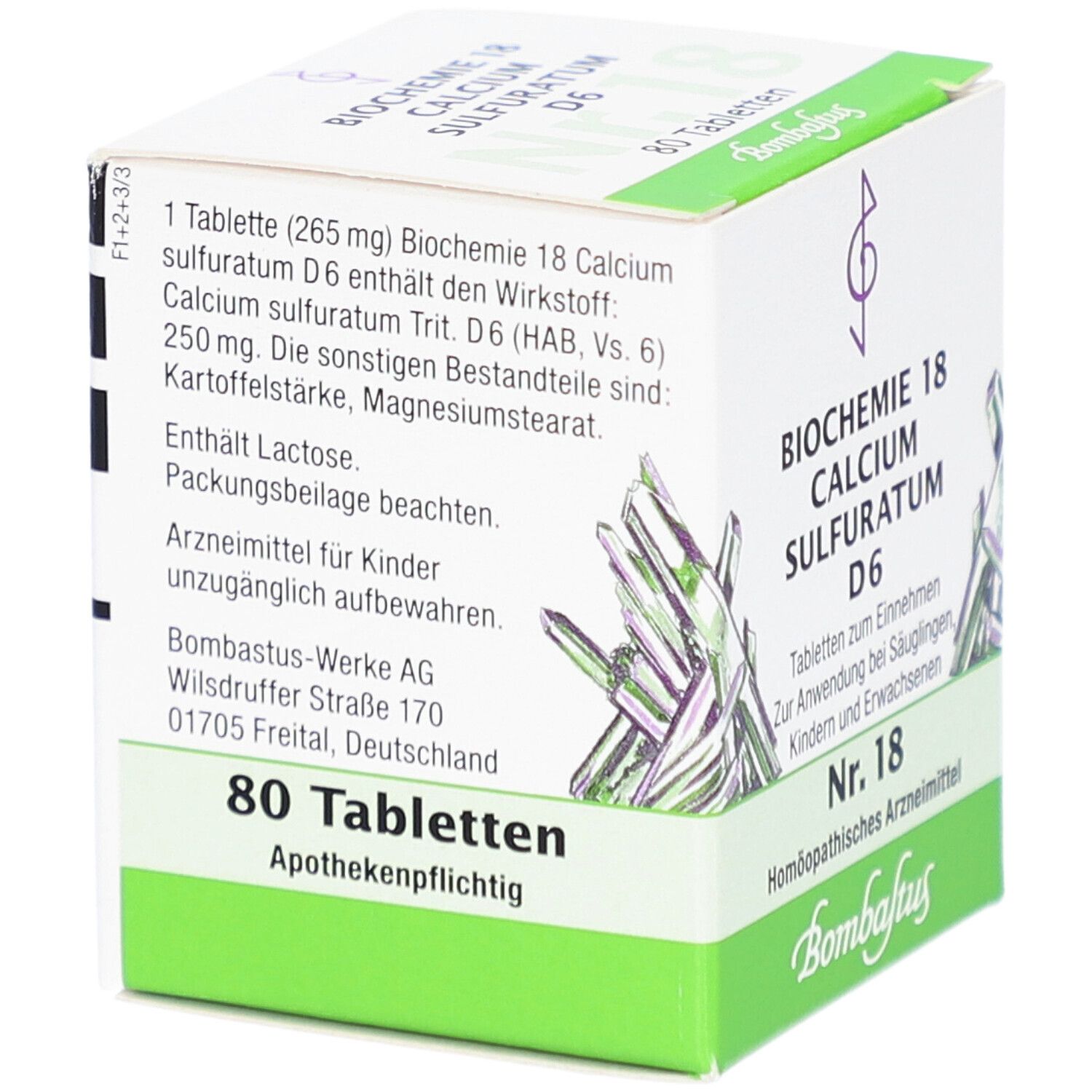 Schachtel "Biochemie 18 Calcium Sulfuratum D6" mit 80 Tabletten. Inhaltsstoffe, Herstelleradresse. Apothekenpflichtig. Bombastus Logo.