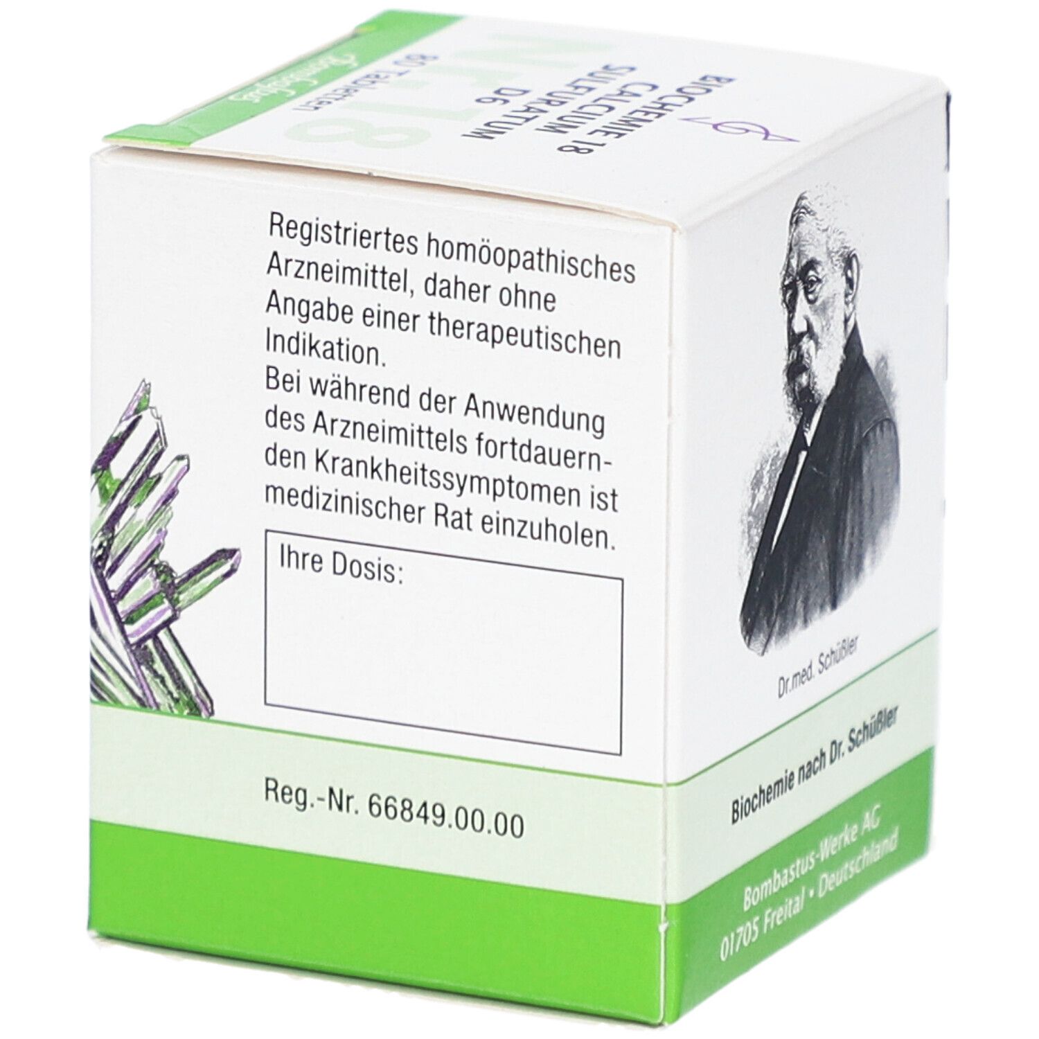 Rückseite der Schachtel "Biochemie 18 Calcium Sulfuratum D6". Text über homöopathische Arzneimittel. Reg.-Nr. 66849.00.00.