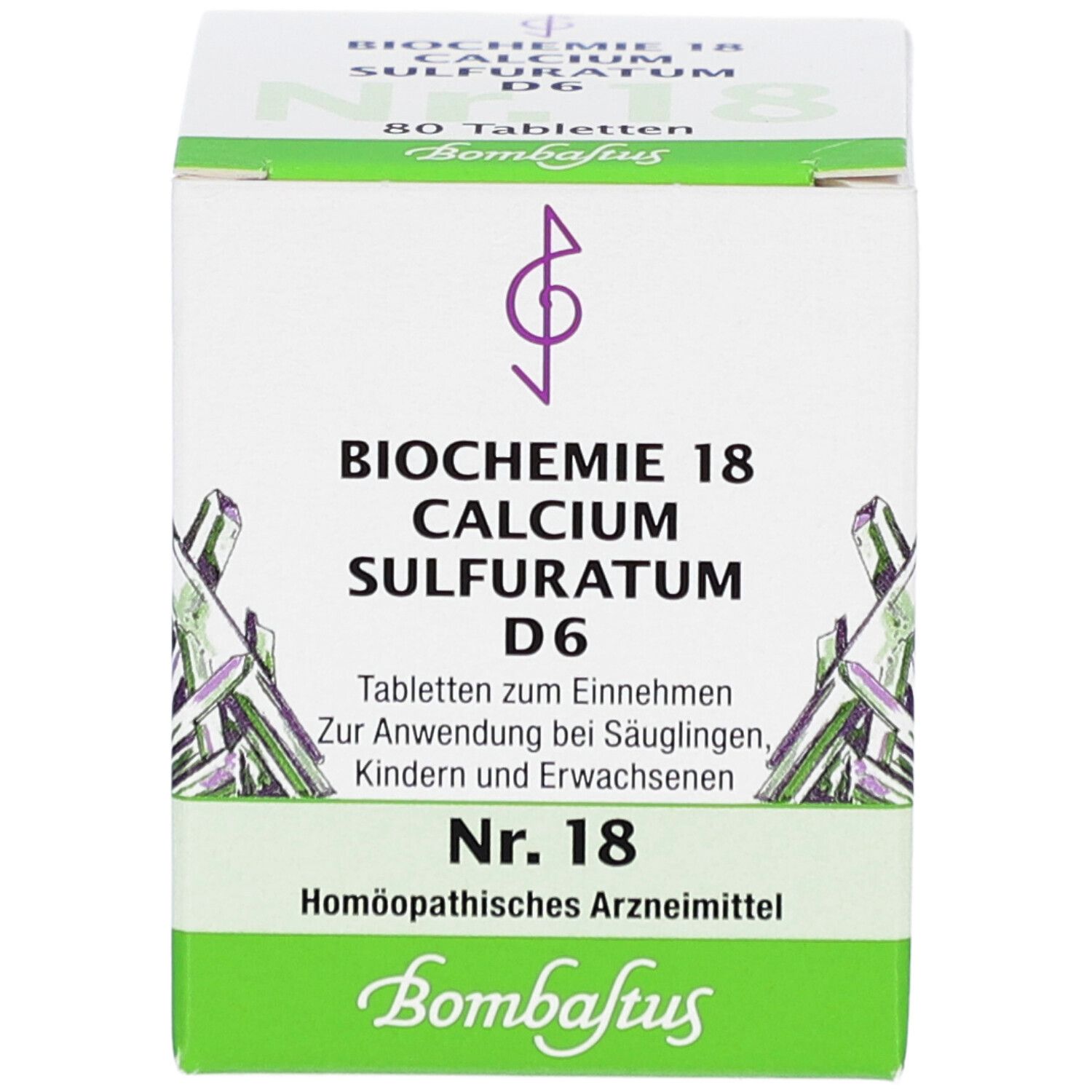 Schachtel "Biochemie 18 Calcium Sulfuratum D6". Grün-weiße Verpackung. Nr. 18. Homöopathisches Arzneimittel. Bombastus Logo.