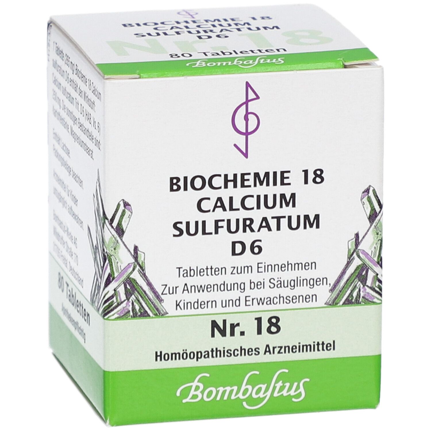 Schachtel "Biochemie 18 Calcium Sulfuratum D6". Grün-weiße Verpackung. Nr. 18. Homöopathisches Arzneimittel. Bombastus Logo.