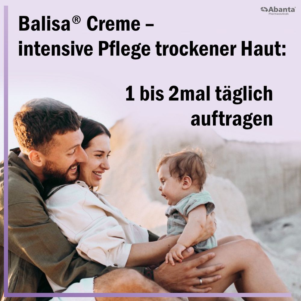 Familie mit Baby. Text: Balisa® Creme - intensive Pflege trockener Haut. 1 bis 2 mal täglich auftragen.