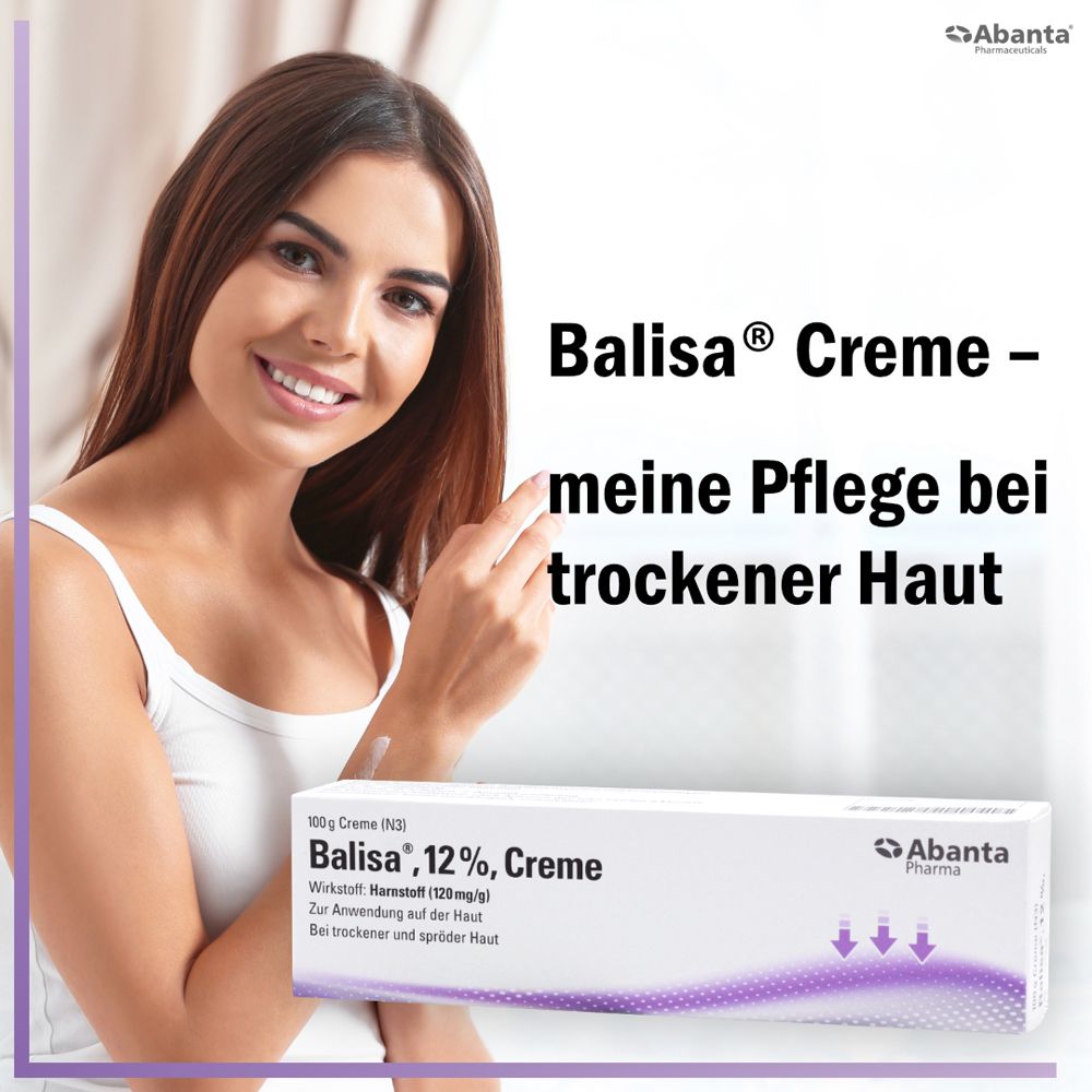Frau hält Creme. Text: Balisa® Creme - meine Pflege bei trockener Haut. Creme-Tube im Vordergrund.