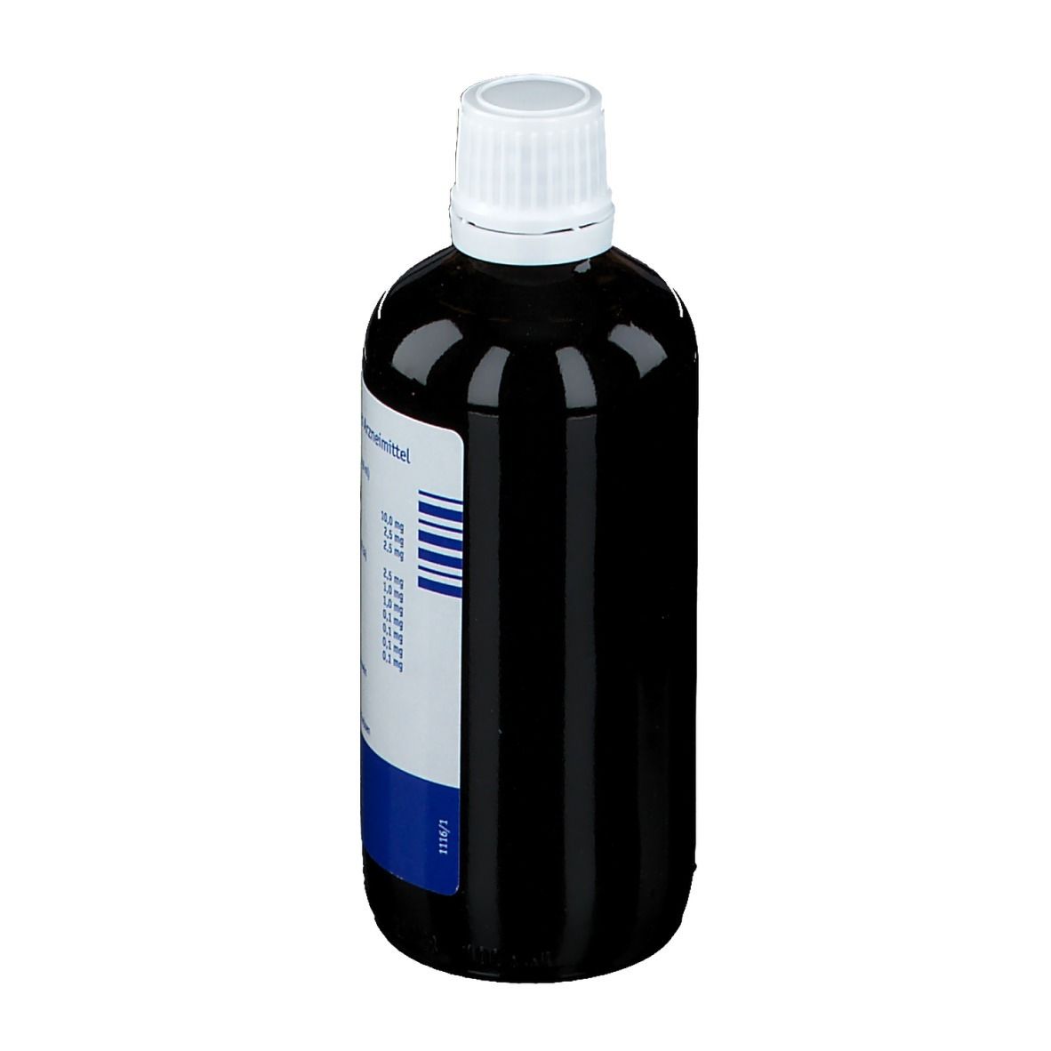 Flasche mit brauner Flüssigkeit. Aufschrift: Homöopathisches Arzneimittel. Zutatenliste.