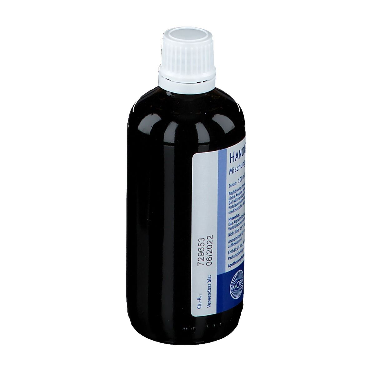 Flasche mit brauner Flüssigkeit. Aufschrift: Hanoginsan, Mischung zum Einnehmen. Verfallsdatum.