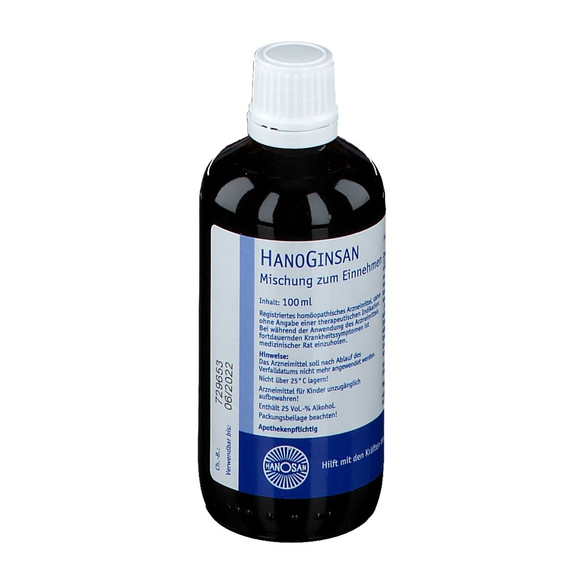 Flasche mit brauner Flüssigkeit. Aufschrift: Hanoginsan, Mischung zum Einnehmen. Inhalt 100 ml.