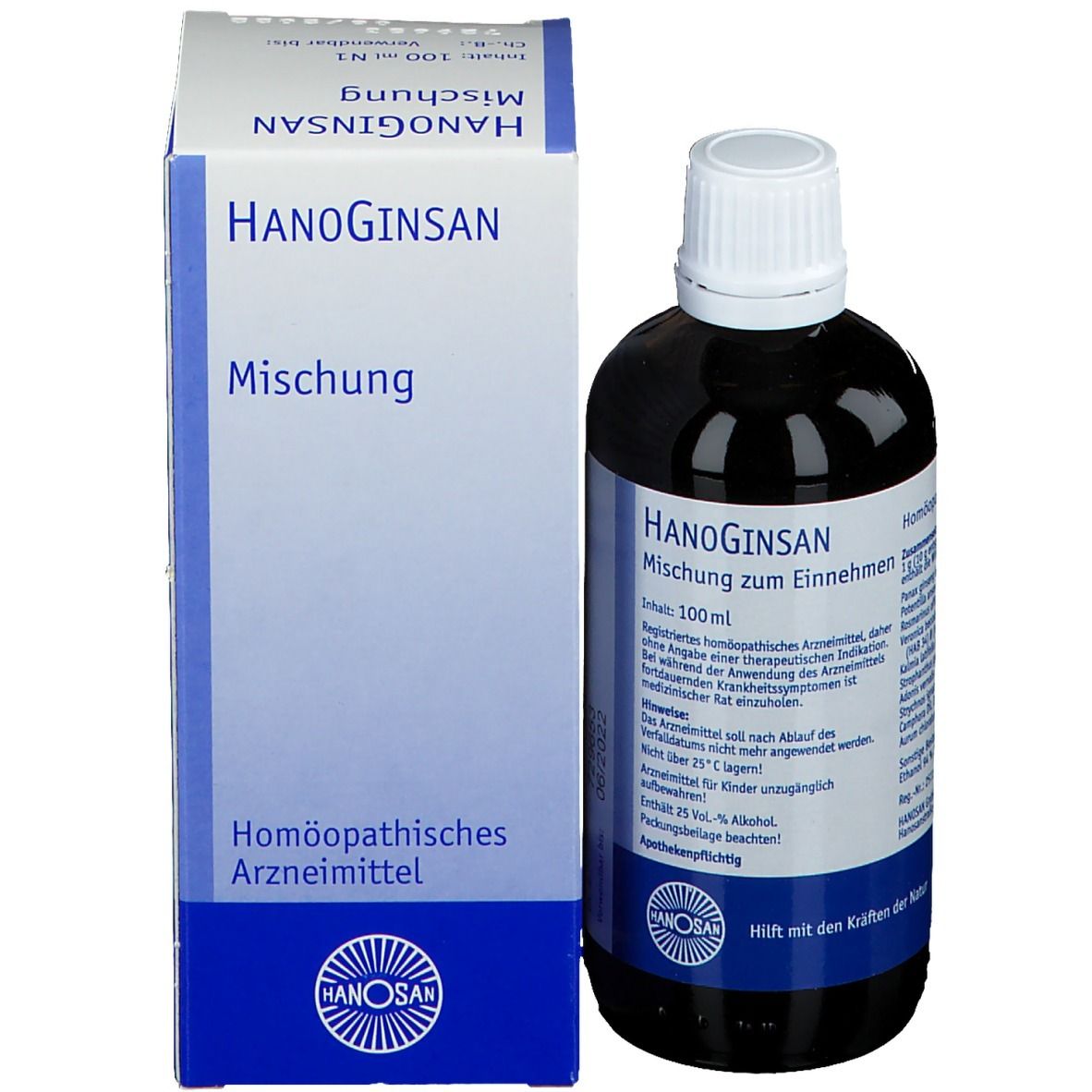 Produktflasche und Verpackung. Aufschrift: Hanoginsan, Mischung. Homöopathisches Arzneimittel.