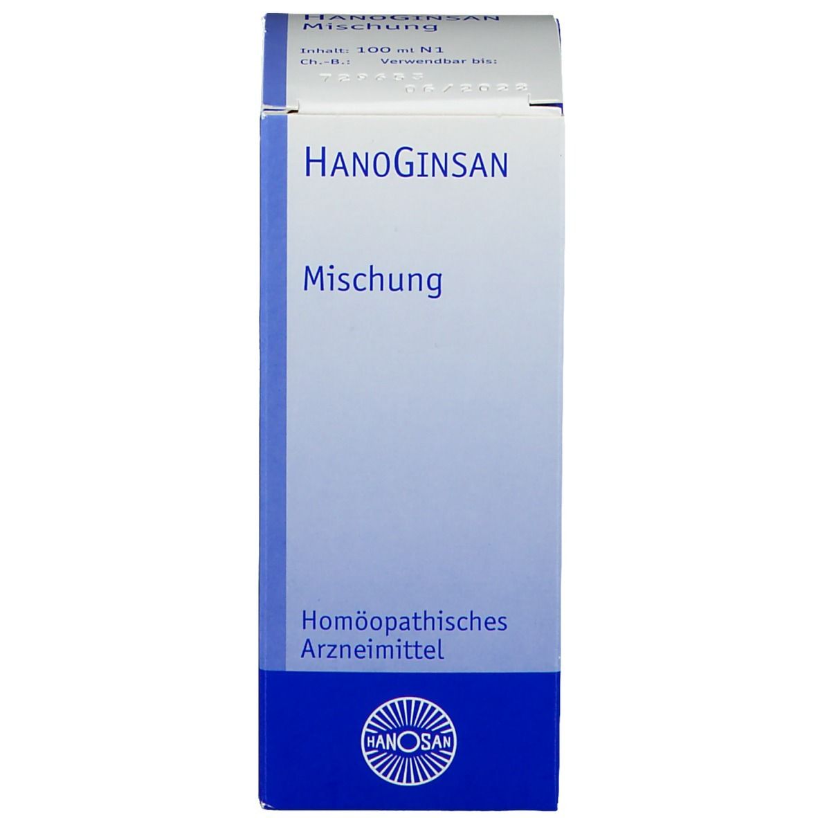 Produktverpackung. Aufschrift: Hanoginsan, Mischung. Homöopathisches Arzneimittel.