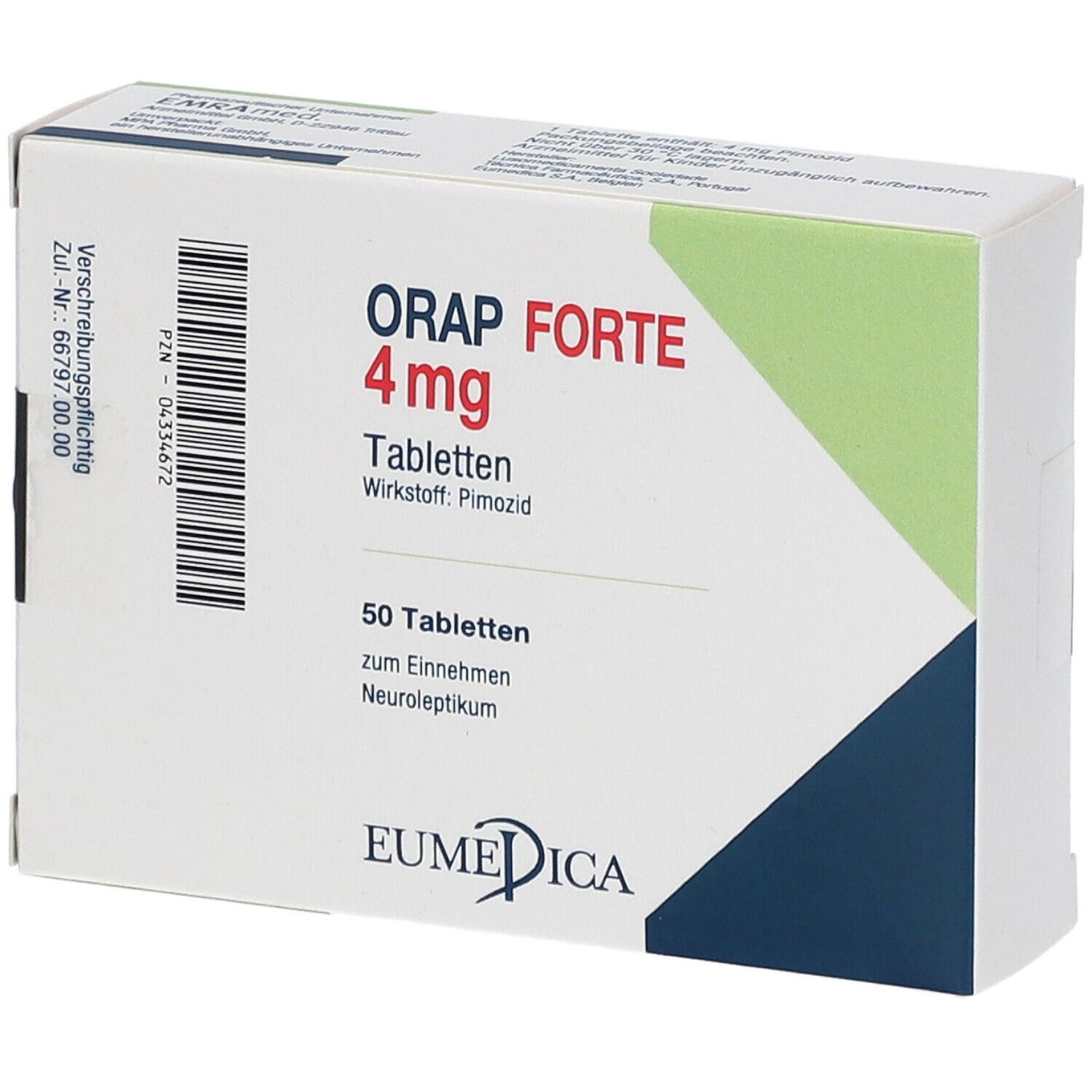 Orap Forte 4 mg Tabletten-Schachtel. Enthält 50 Tabletten. Aufschrift: Neuroleptikum. EUMEDICA Logo.