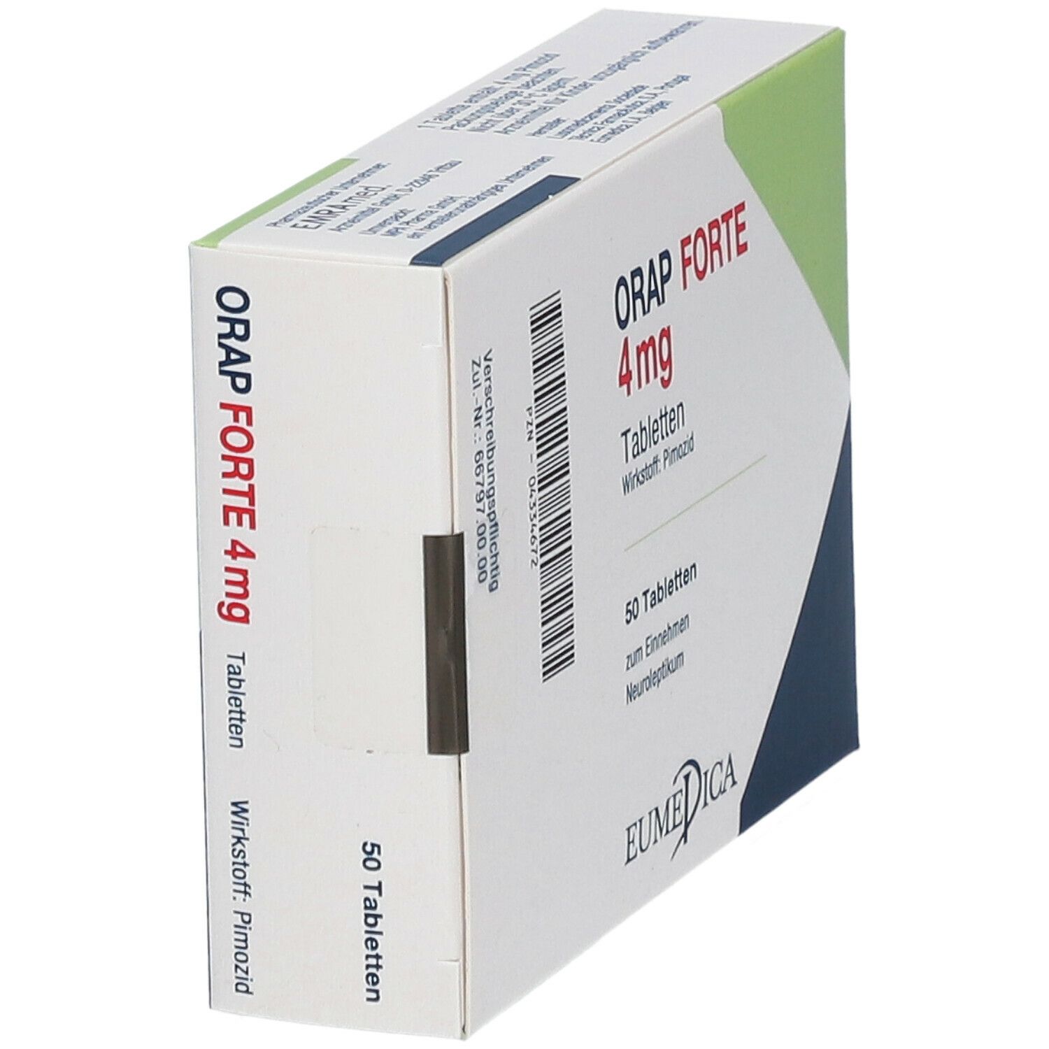 Schachtel mit Orap Forte 4 mg Tabletten. Enthält 50 Tabletten. Aufschrift: Neuroleptikum. EUMEDICA Logo.