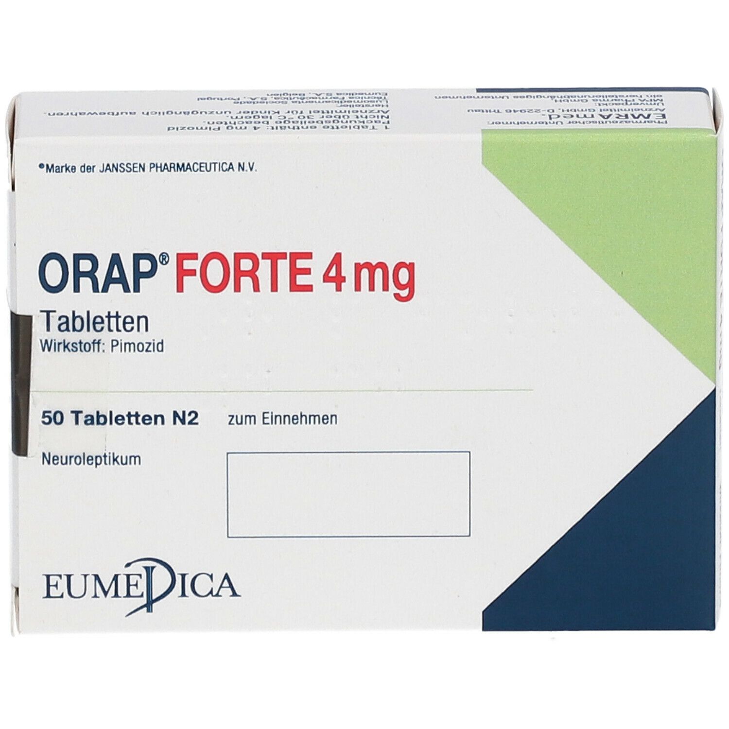 Orap Forte 4 mg Tabletten-Schachtel. Enthält 50 Tabletten. Aufschrift: Neuroleptikum. EUMEDICA Logo.