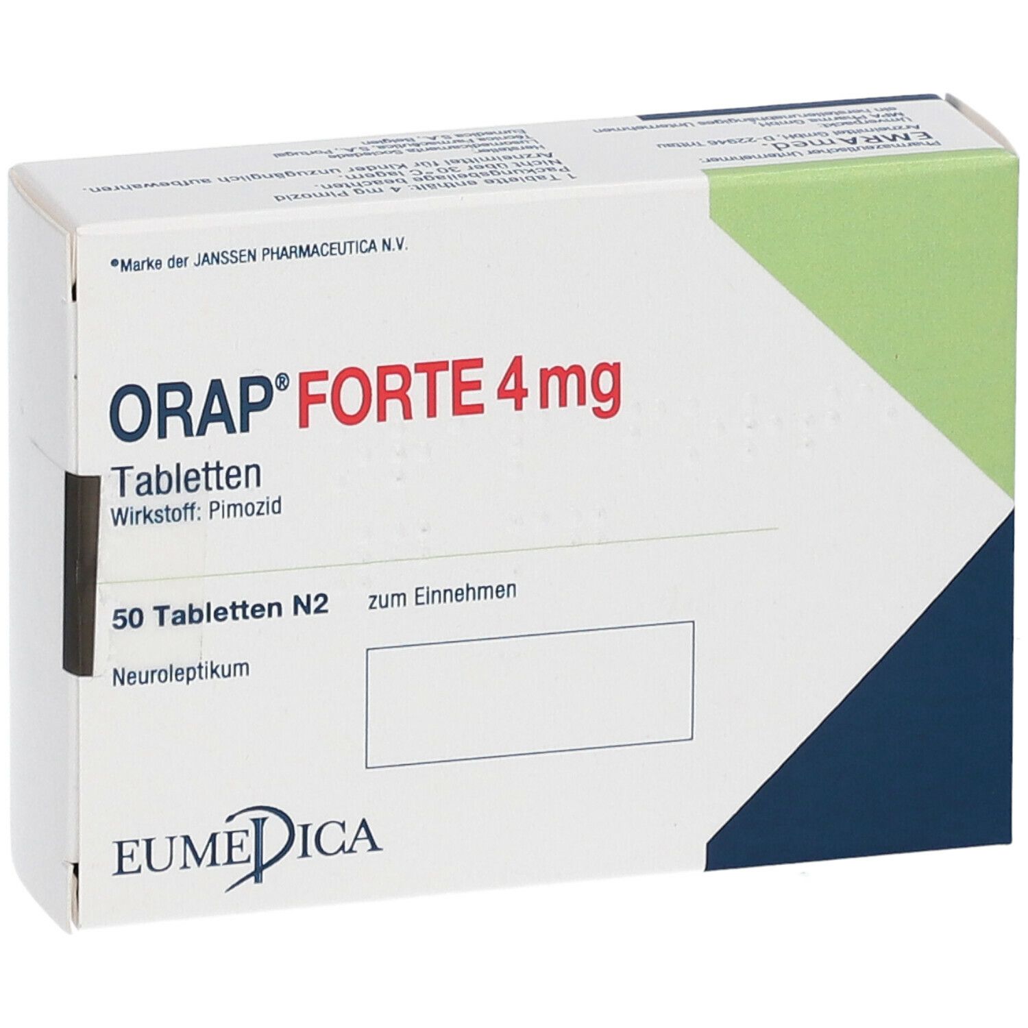 Orap Forte 4 mg Tabletten-Schachtel. Enthält 50 Tabletten. Aufschrift: Neuroleptikum. EUMEDICA Logo.