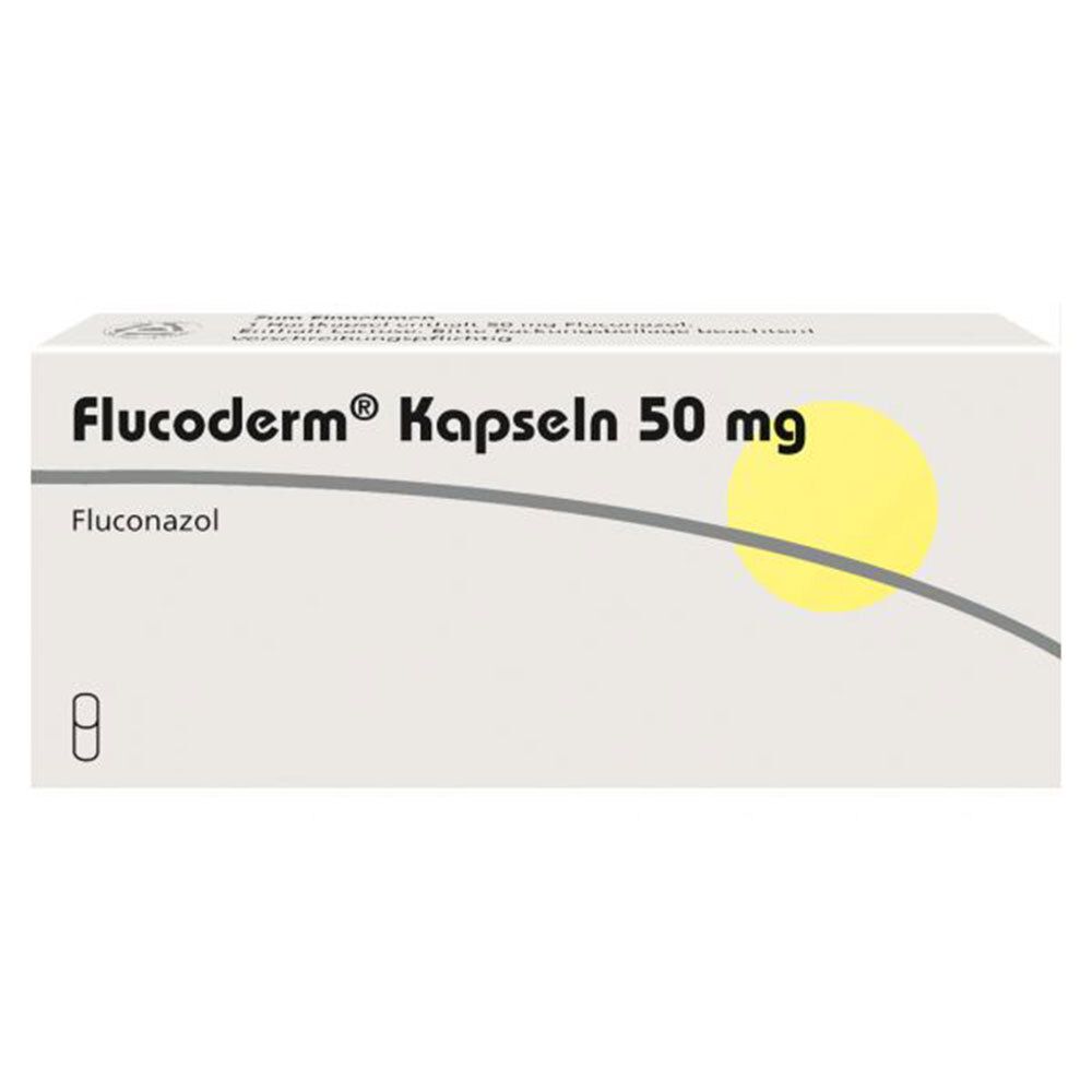 Weiße Schachtel mit Aufschrift Flucoderm® Kapseln 50 mg und Flucoconazol. Gelber Kreis und graue Linie.