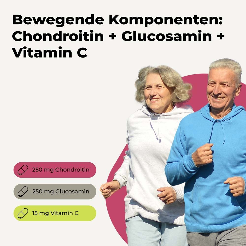 Zwei ältere Menschen joggen. Text: "Bewegende Komponenten: Chondroitin + Glucosamin + Vitamin C".