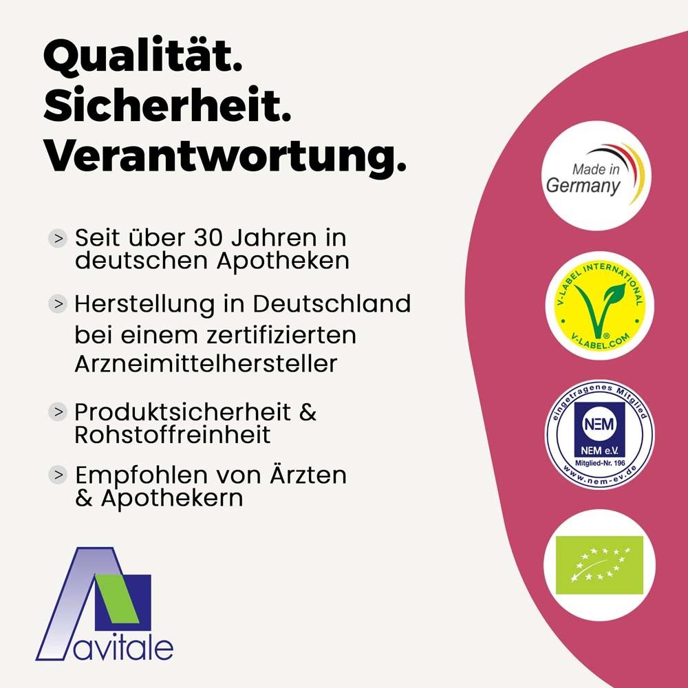 Text: Qualität. Sicherheit. Verantwortung. Logos: Made in Germany, V-Label, NEM, Bio-Siegel.