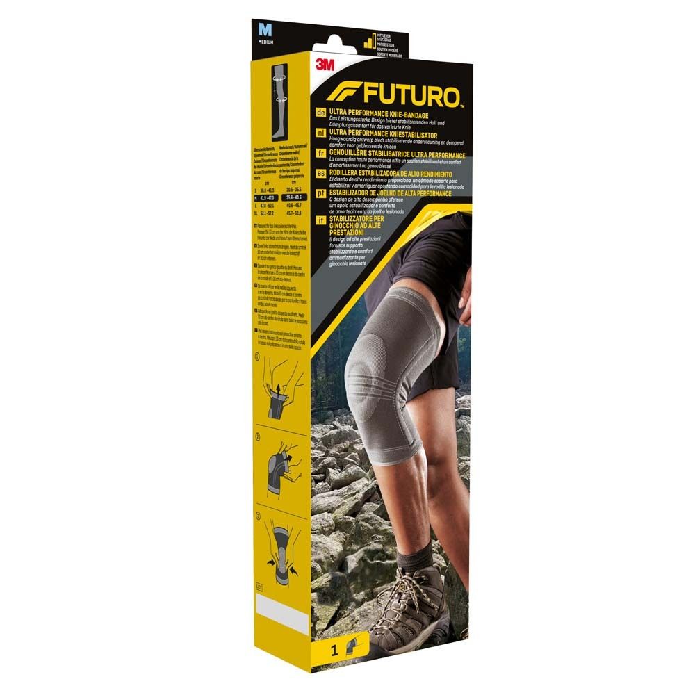 Verpackung der Kniebandage FUTURO. Illustrationen zeigen Anwendung. Texte in mehreren Sprachen. Produktname: Ultra Performance Knie-Bandage.