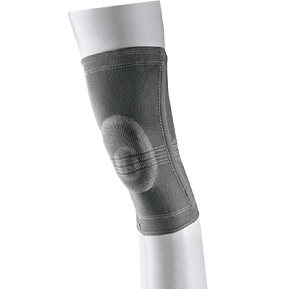Graue Kniebandage. Detailansicht. Geformt, mit verstärktem Bereich über der Kniescheibe.