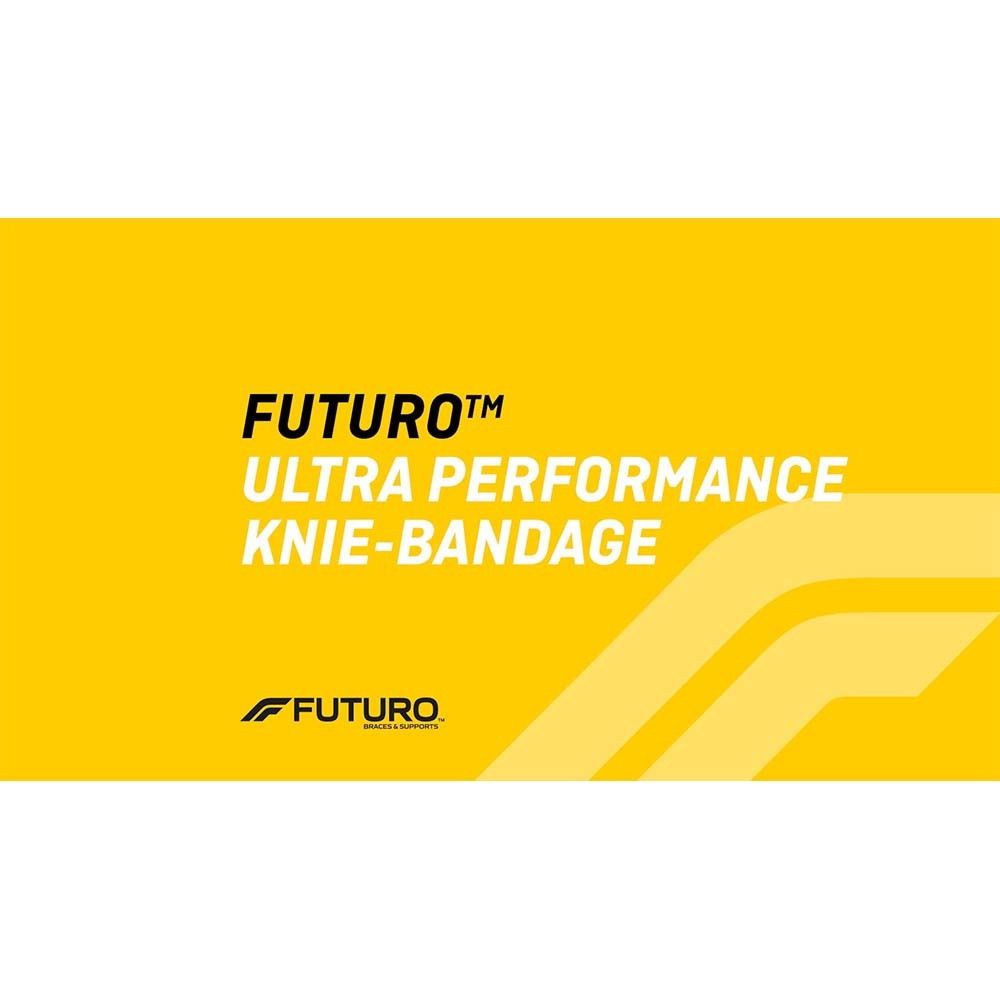 Gelber Hintergrund mit weißem Text. Marke FUTURO. Produktname: Ultra Performance Knie-Bandage. Logo FUTURO.