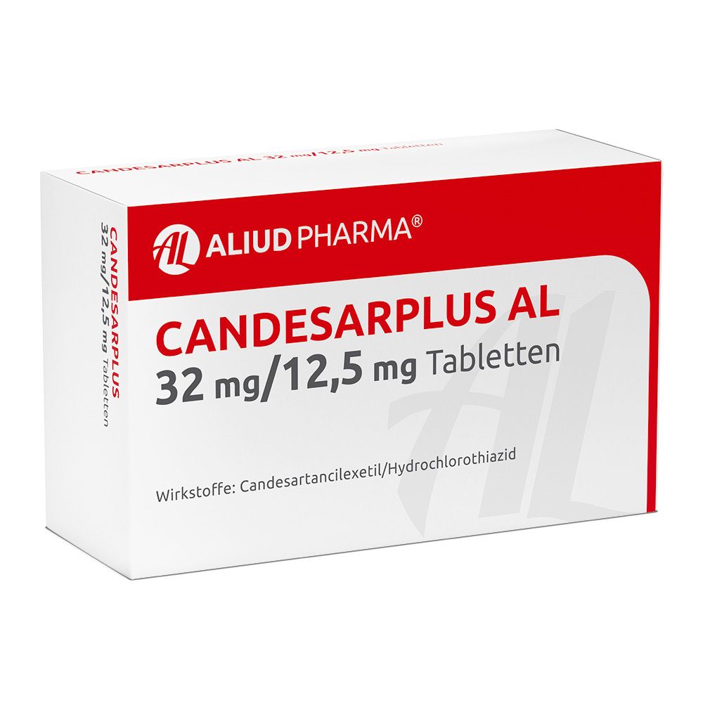 Weiße Tablettenbox mit rotem Akzent. Aufschrift: Candesarplus AL 32 mg/12,5 mg Tabletten. Wirkstoffe.
