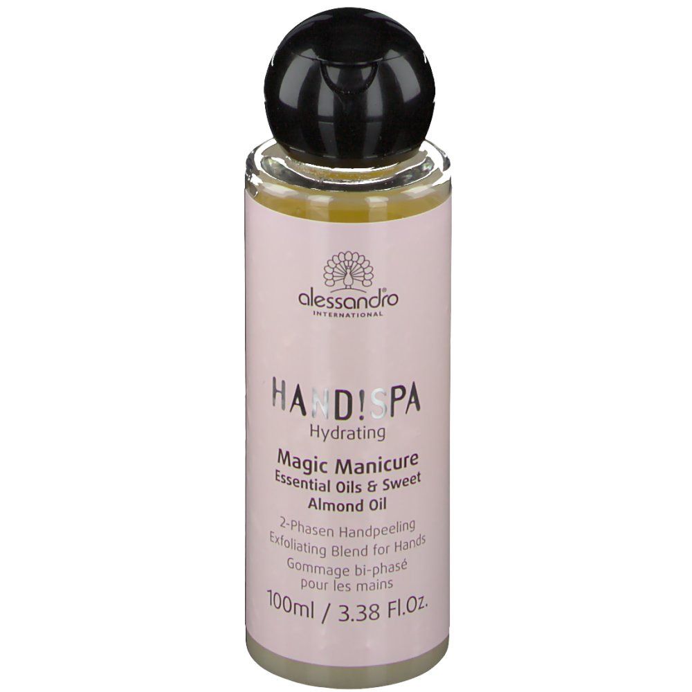 Alessandro HandSpa Magic Manicure Ölflasche. Rosa Etikett, schwarzer Deckel. Text: Hand!Spa, Magic Manicure, 100ml.