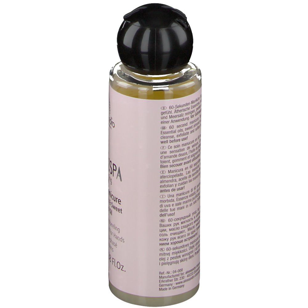 Alessandro HandSpa Magic Manicure Ölflasche. Rückseite mit Text. Schwarzer Deckel. Rosa Etikett. 100ml.