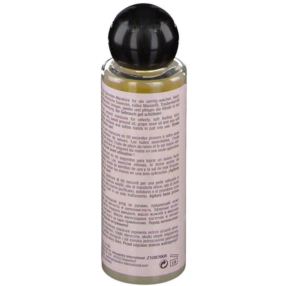Alessandro HandSpa Magic Manicure Ölflasche. Rückseite mit Text. Schwarzer Deckel. Rosa Etikett. 100ml.