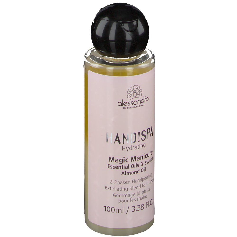Alessandro HandSpa Magic Manicure Ölflasche. Rosa Etikett, schwarzer Deckel. Text: Hand!Spa, Magic Manicure, 100ml.
