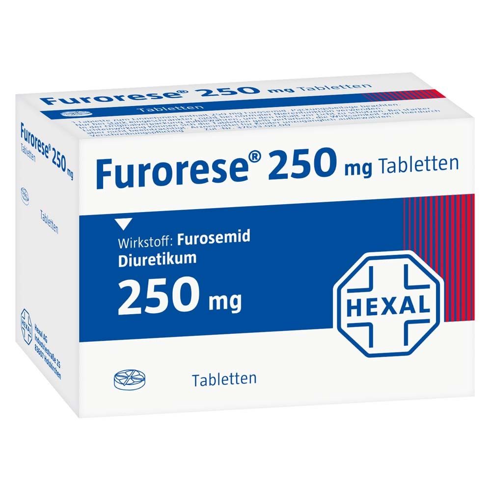 Schachtel mit Furorese 250 mg Tabletten. Blaue und weiße Verpackung mit Produktinformationen und Hexal-Logo.