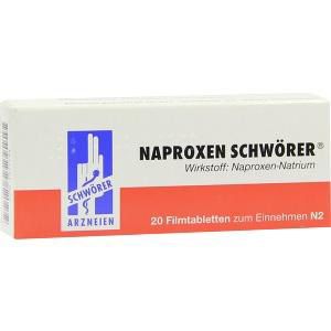 Schachtel Naproxen Schwörer Filmtabletten. Rote und weiße Verpackung. 20 Filmtabletten. Logo mit Händen.