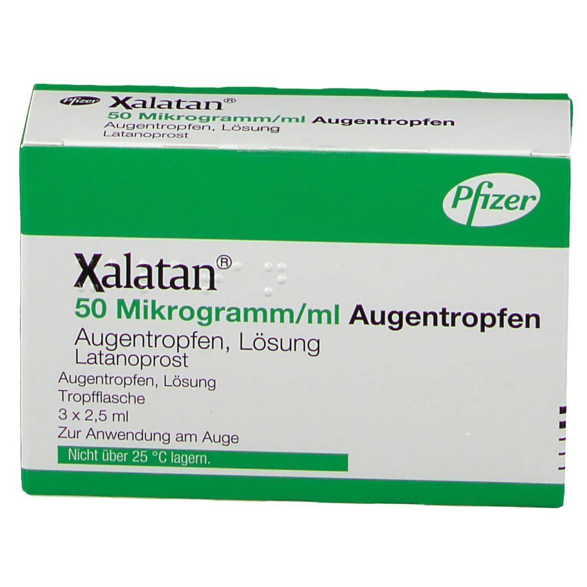 Weiße und grüne Faltschachtel mit Produktinformationen. Aufschrift: Xalatan 50 Mikrogramm/ml Augentropfen. Pfizer-Logo.