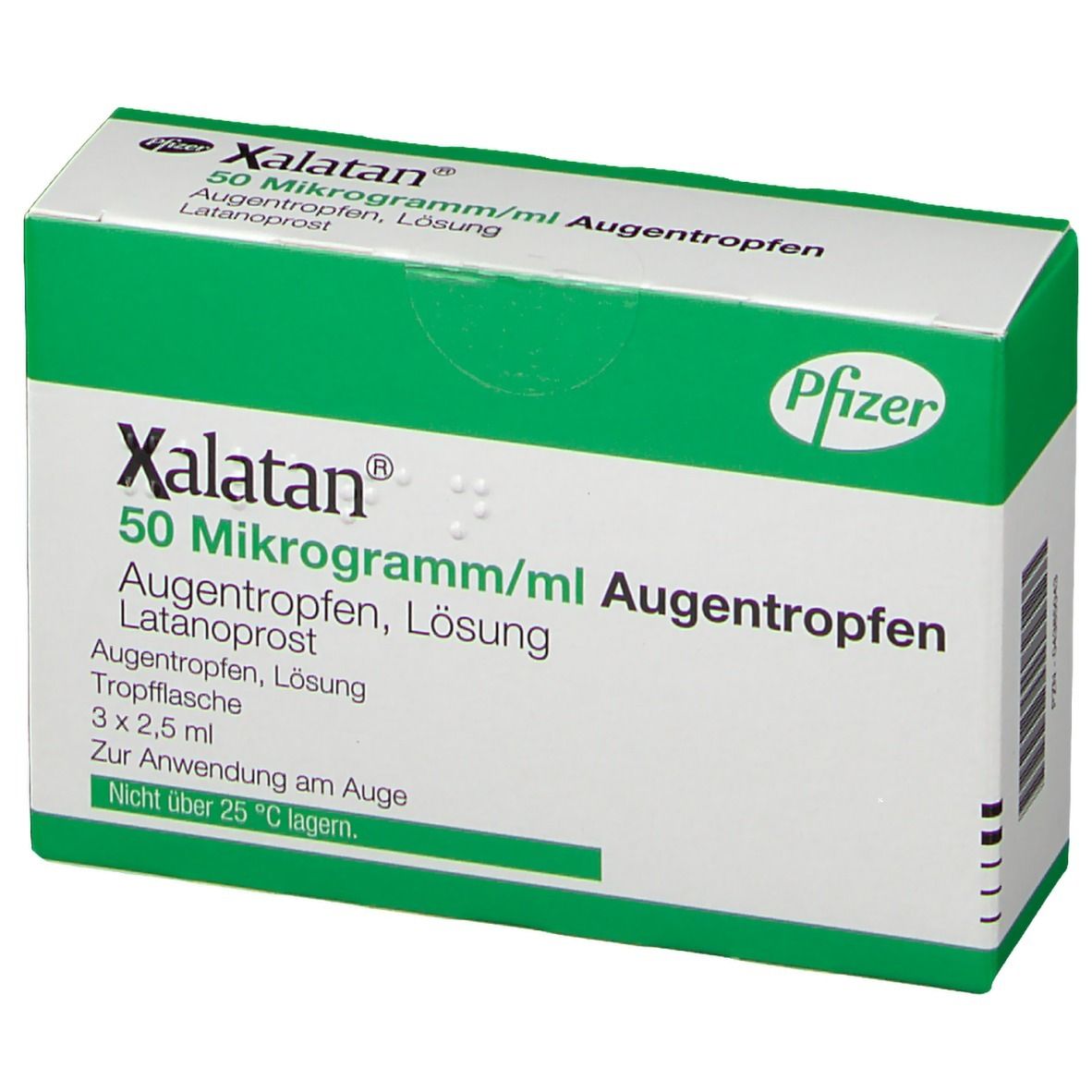 Weiße und grüne Faltschachtel mit Produktinformationen. Aufschrift: Xalatan 50 Mikrogramm/ml Augentropfen. Pfizer-Logo.