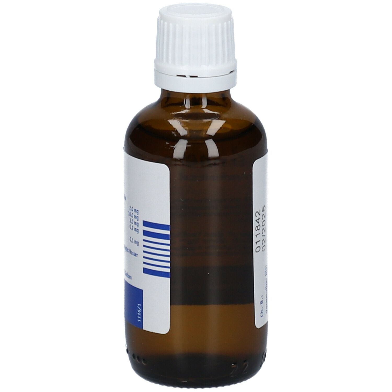 Braune Glasflasche mit weißem Deckel. Etikett mit Produktinformationen und Verfallsdatum. Hanosan.