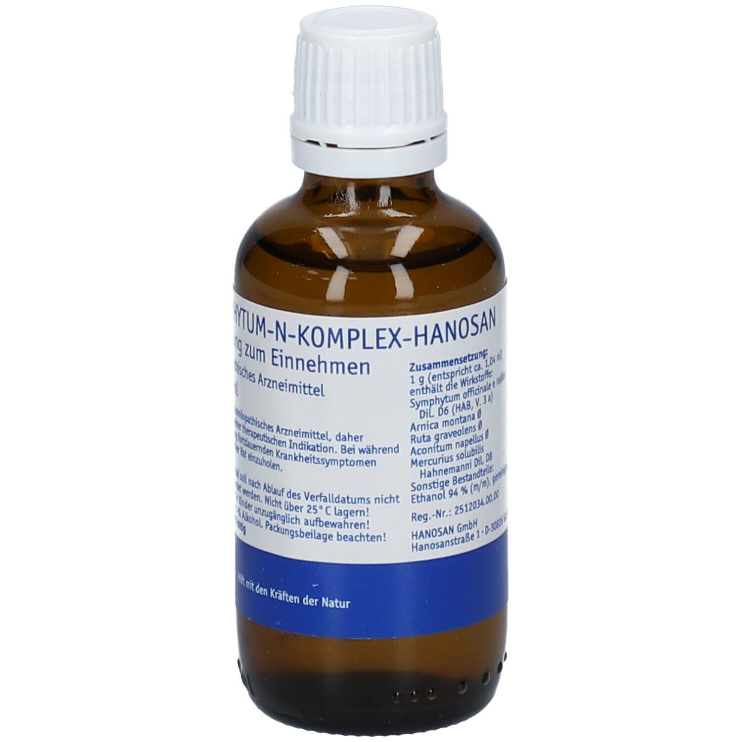 Braune Glasflasche mit weißem Deckel. Etikett mit Produktnamen und Informationen. Hanosan.