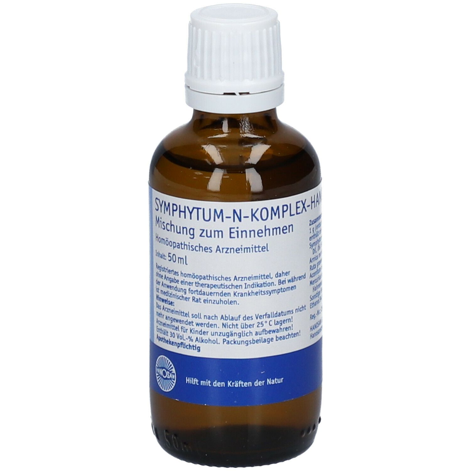Braune Glasflasche mit weißem Deckel. Etikett mit Produktnamen und Informationen. Hanosan.