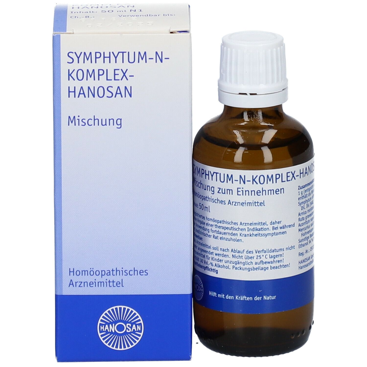 Braune Glasflasche mit weißem Deckel und Verpackung. Produktname und Informationen. Hanosan.