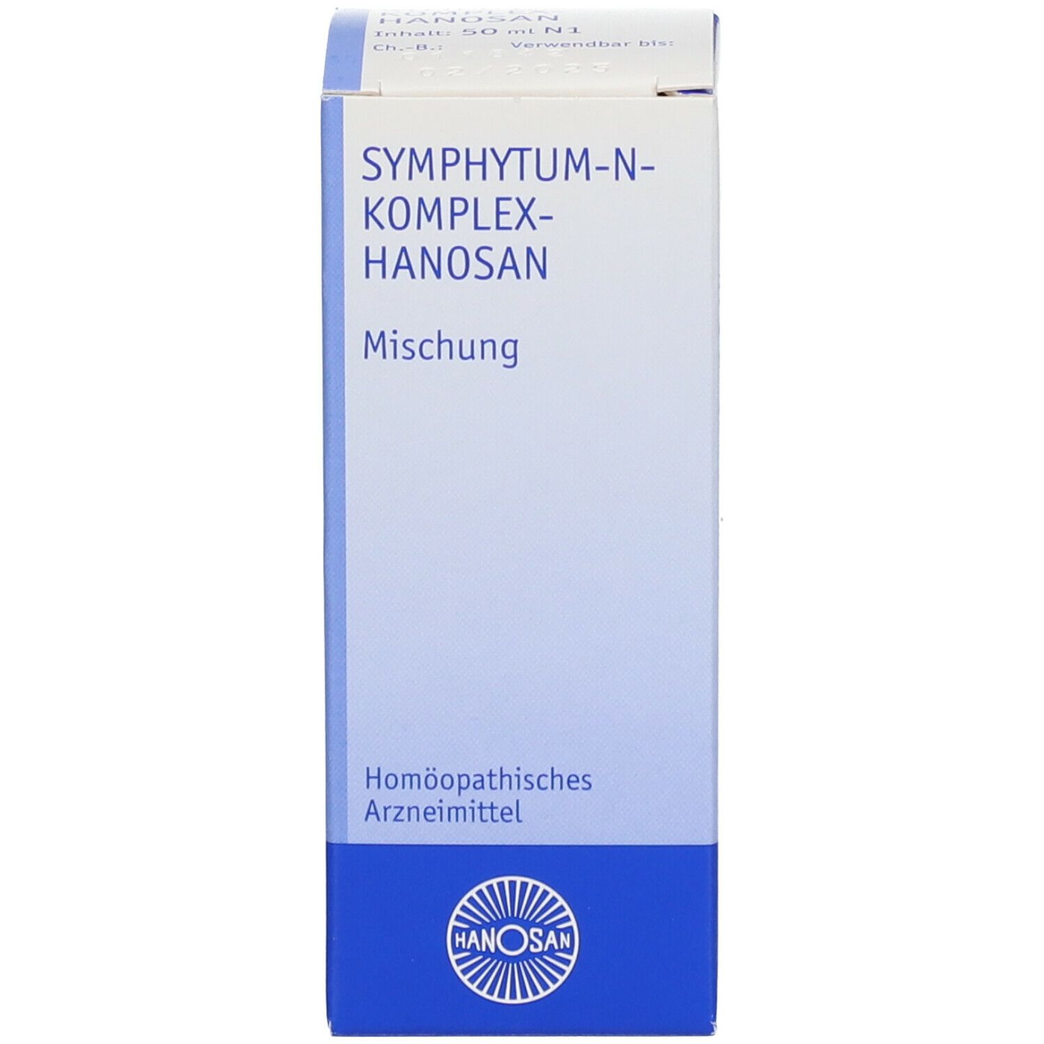 Weiße Verpackung mit blauem Streifen. Produktname und Informationen. Hanosan.