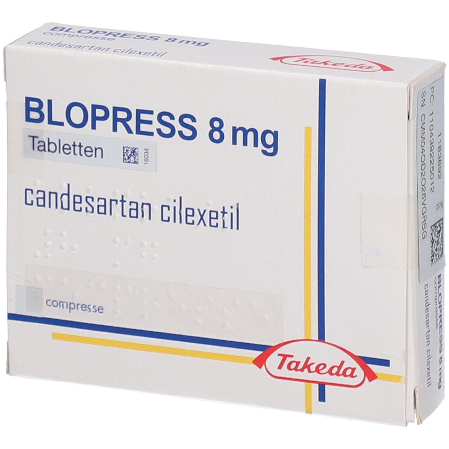 Blopress 8 mg Tabletten-Packung. Aufschrift: candesartan cilexetil, Takeda-Logo. Weiße Schachtel mit blauen und gelben Linien.