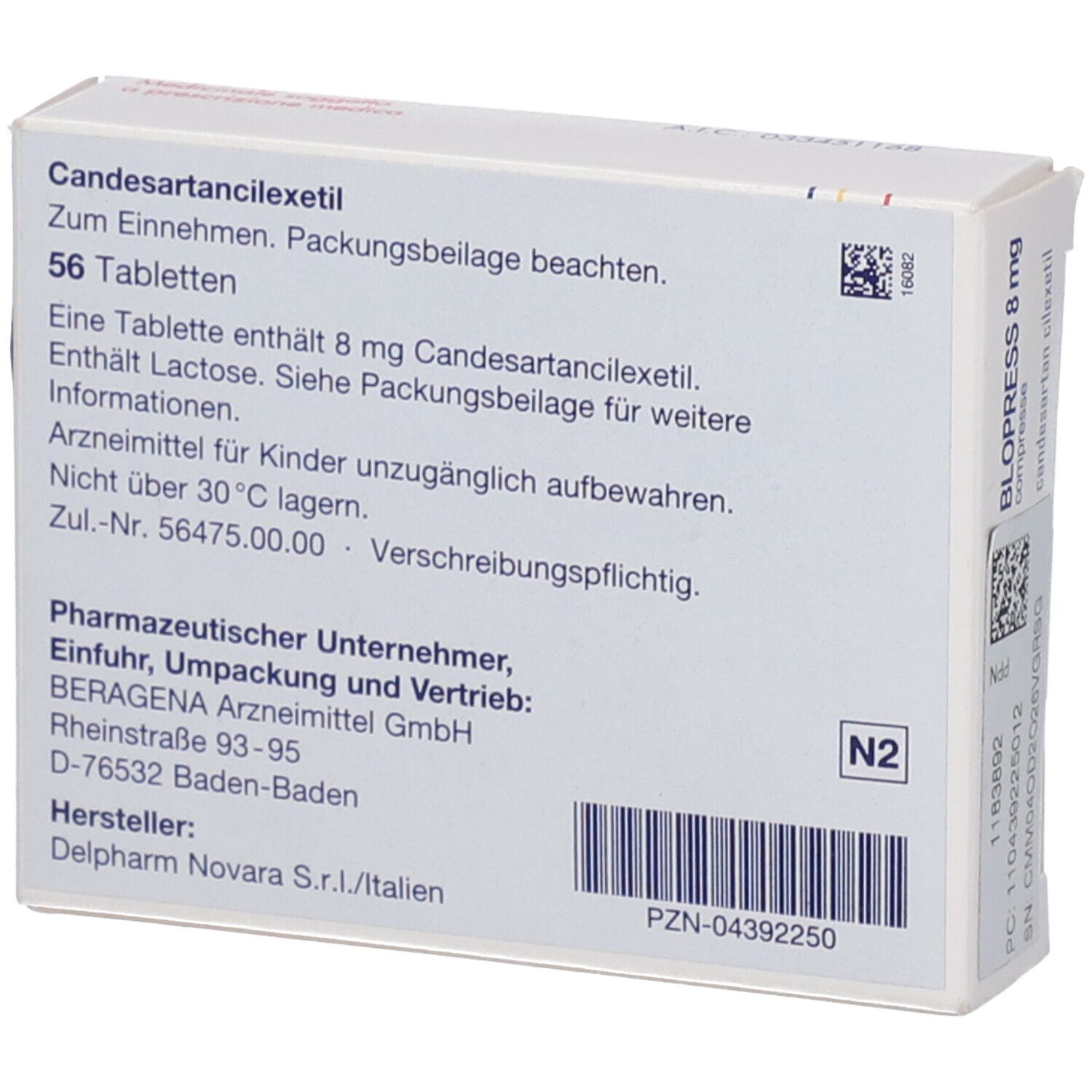 Rückseite der Blopress 8 mg Packung. Enthält Informationen zu Inhaltsstoffen, Dosierung und Hersteller. Text in Deutsch.