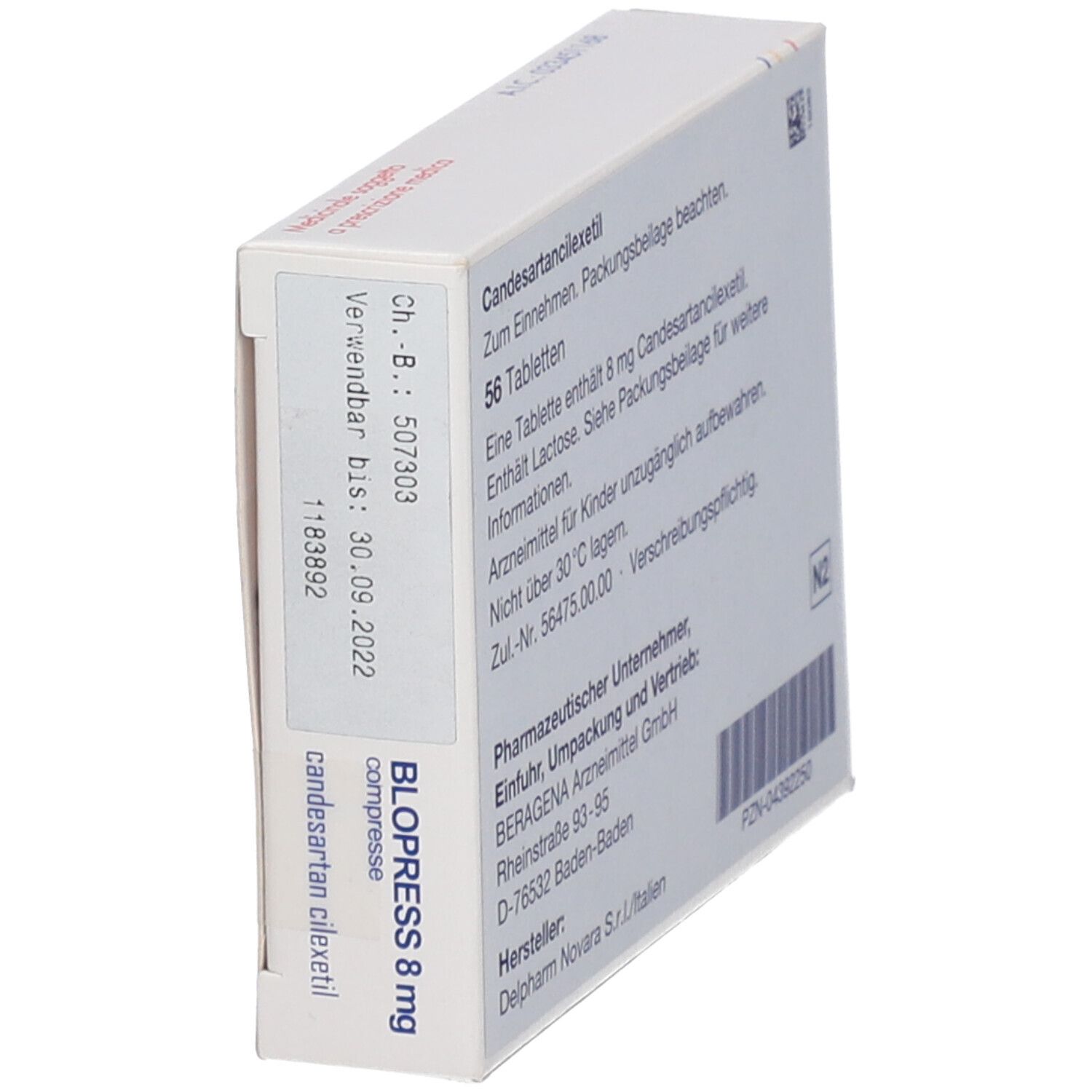 Seitenansicht der Blopress 8 mg Packung. Enthält Informationen zu Haltbarkeit und Hersteller. Text in Deutsch.