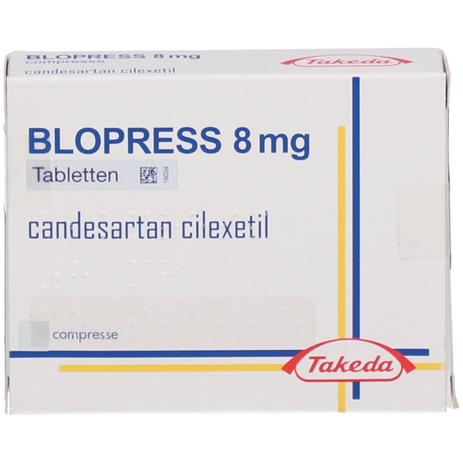 Blopress 8 mg Tabletten-Packung. Aufschrift: candesartan cilexetil, Takeda-Logo. Weiße Schachtel mit blauen und gelben Linien.