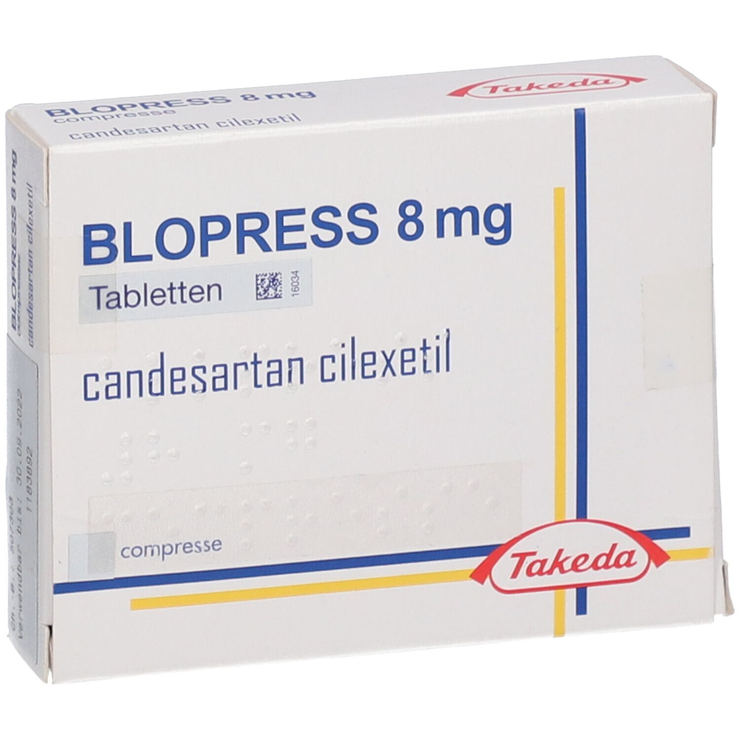Blopress 8 mg Tabletten-Packung. Aufschrift: candesartan cilexetil, Takeda-Logo. Weiße Schachtel mit blauen und gelben Linien.