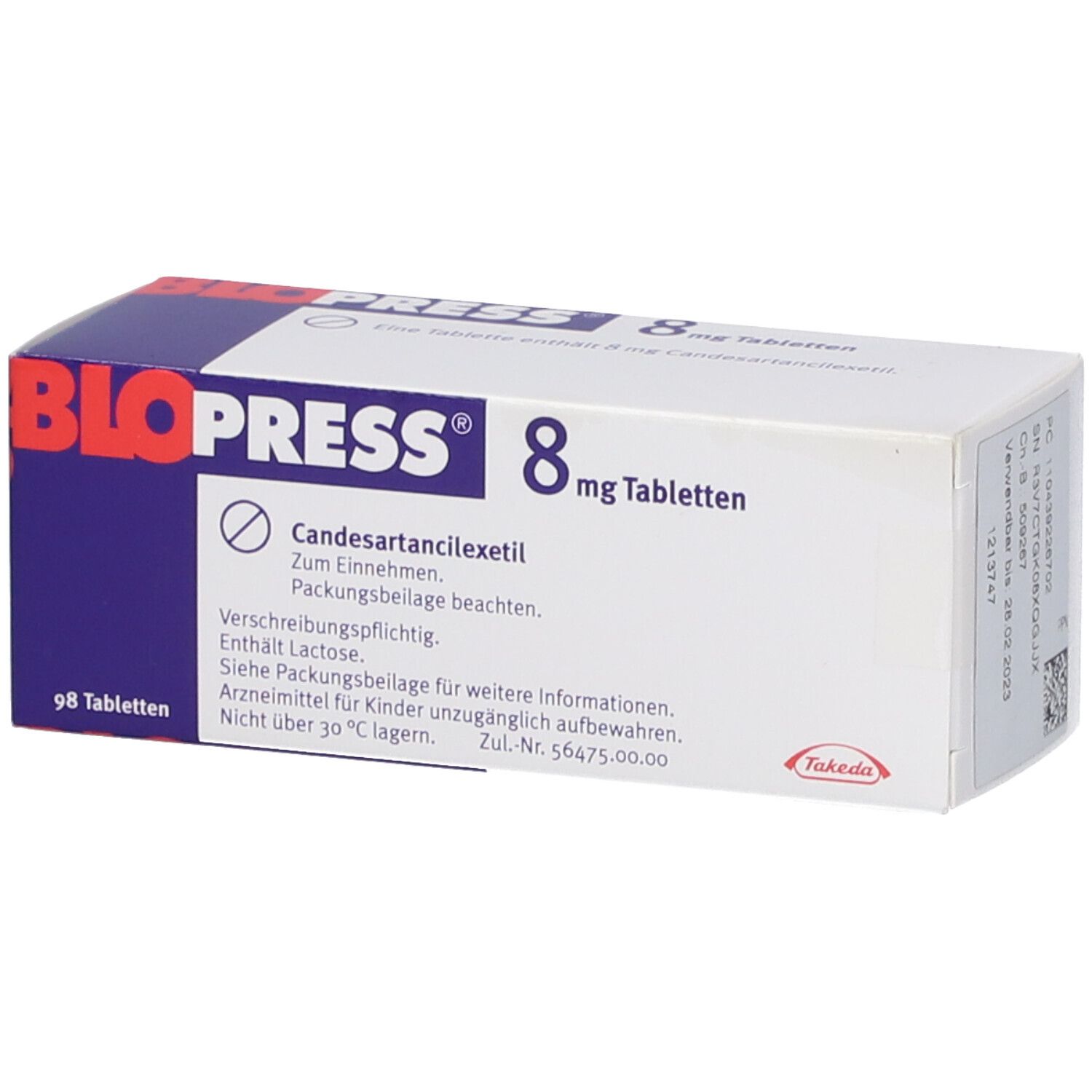 Biopress 8 mg Tabletten Schachtel mit 98 Tabletten. Enthält Candesartancilexetil. Verschreibungspflichtig.