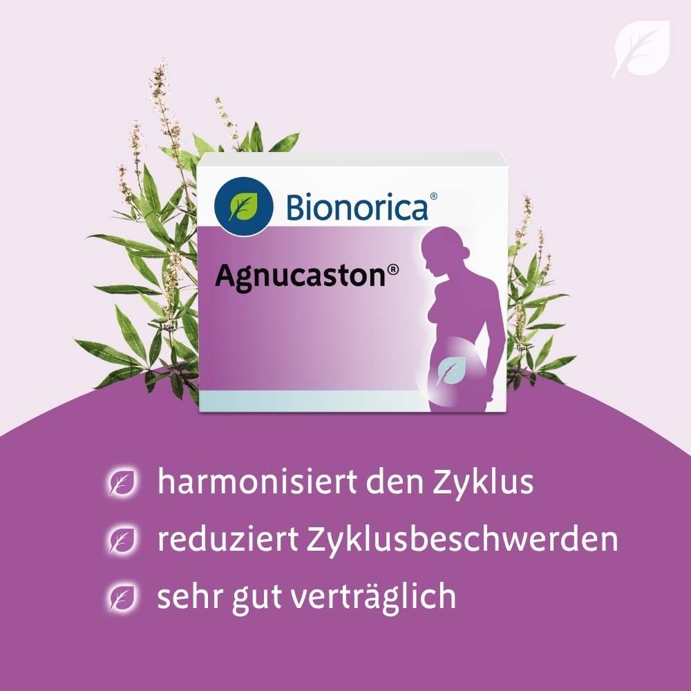Produktverpackung mit Logo und Produktnamen. Text: harmonisiert den Zyklus, reduziert Zyklusbeschwerden.