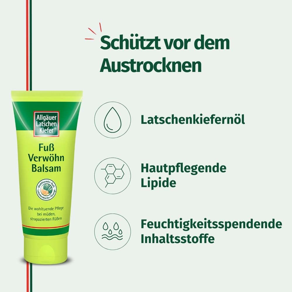 Grüne Tube mit Produktnamen und Inhaltsstoff-Icons. Logo: Allgäuer Latschenkiefer. Text: Fuß Verwöhnbalsam. Icons: Latschenkieferöl, Hautpflegende Lipide, Feuchtigkeitsspendende Inhaltsstoffe.