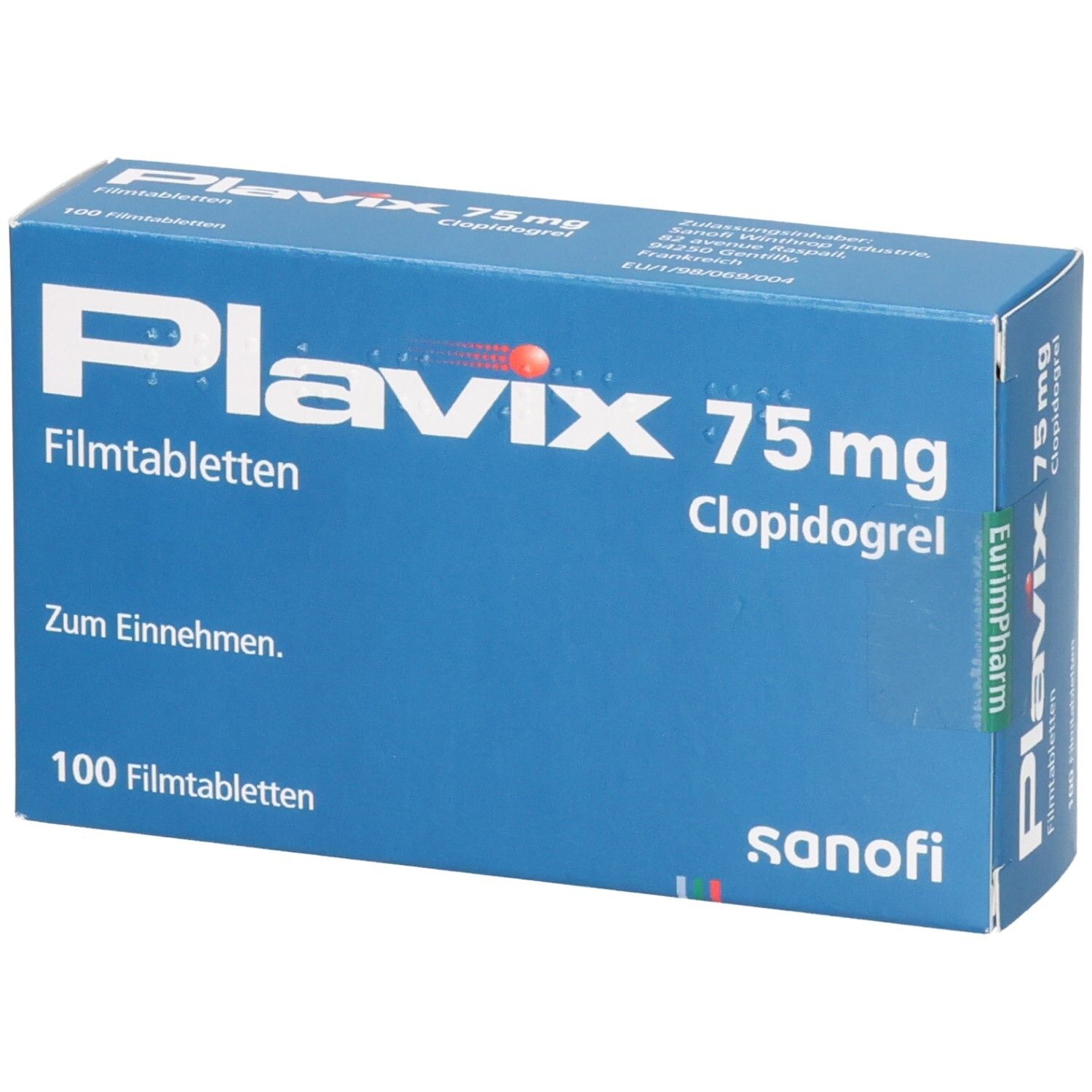 Plavix 75 mg Filmtabletten Clopidogrel, 100 Stück. Blauer Karton mit weißen und roten Schriftzügen.